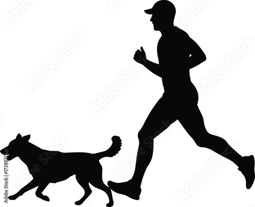 Silhouette of man running with dog, jogging partner, outdoor exercise, pet activity, fitness training, healthy lifestyle vector illustration design