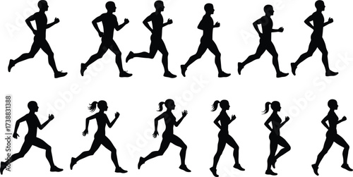Silhouette of men and women running, fitness workout exercise illustration, marathon jogging training, healthy lifestyle activity, vector design clipart.