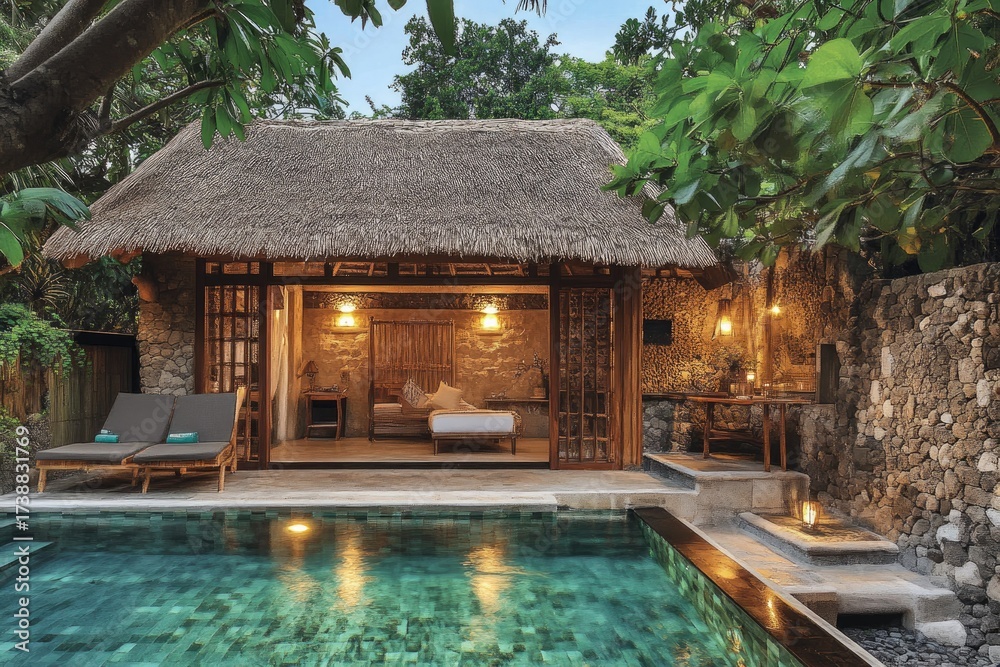 Fototapeta premium Resort villa with pool at dusk