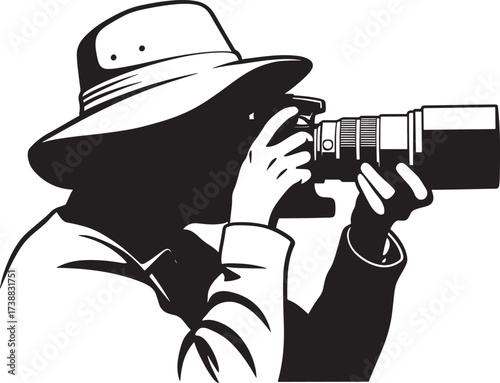 Silhouette of a photographer with a large lens and hat capturing a moment.