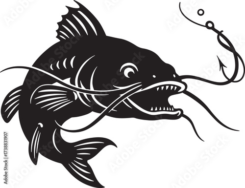 Catfish with Fishing Hook Vector Illustration.