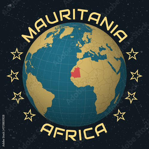 Islamic Republic of Mauritania on Globe. Country name round text. Vintage look with grunge scratched texture. Country view on world map in Sky Blue Light Yellow color palette. Mauritania shape on map.