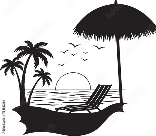 Tropical Beach Sunset Silhouette with Palm Trees and Lounge Chair.