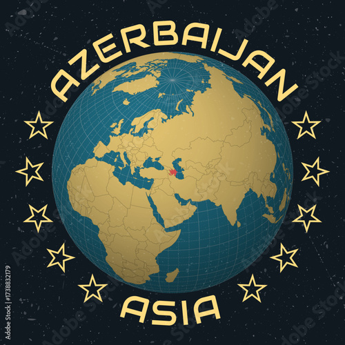 Azerbaijan on Globe. Country name round text. Vintage look with grunge scratched texture. Country view on world map in Sky Blue Light Yellow color palette. Azerbaijan shape on map.