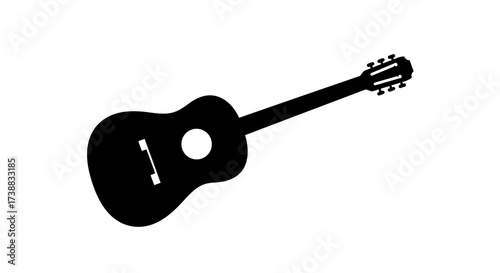 Silhouette of an acoustic guitar with strings and sound hole on a white background.