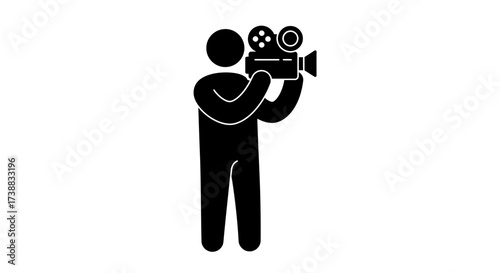 Simple black silhouette of a person holding and operating a vintage film camera.