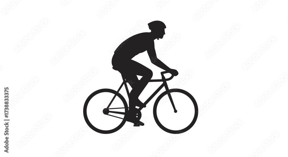 Fototapeta premium Silhouette of a cyclist riding a bicycle, wearing a helmet, against a white background. The figure is in motion, suggesting speed and activity.