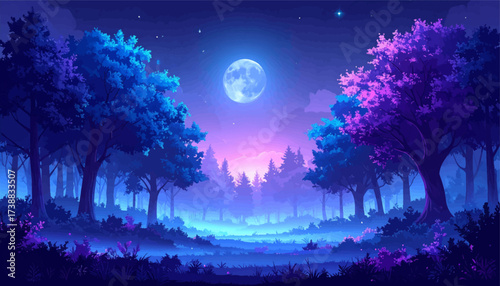 Wide forest glowing under moon. Fantasy trees with starry sky. Dreamy night forest panorama. Mystical blue purple landscape. Surreal moonlight enchanted view. Magical night forest illustration