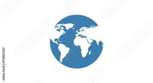 A simplified, blue-toned illustration of the Earth showcasing continents and oceans against a white background.