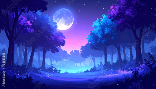 Moonlit forest path in twilight. Purple blue trees under moonlight. Fantasy night woods illustration. Dreamy glowing moon forest. Surreal magical moonlit landscape. Twilight enchanted forest pathway