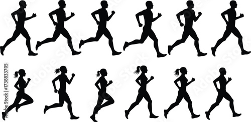 Silhouettes of men and women running, jogging workout illustration, athlete marathon training, healthy lifestyle exercise, fitness sport vector design.