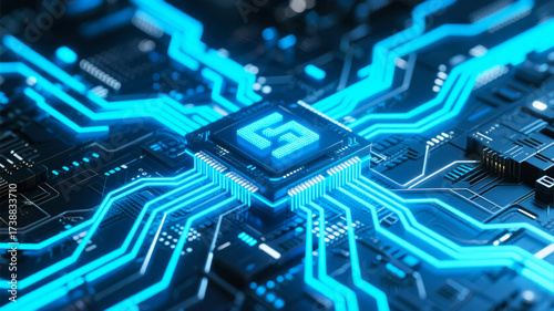 Wallpaper Mural Close-up of a glowing blue circuit board with illuminated pathways and central processor chip Torontodigital.ca