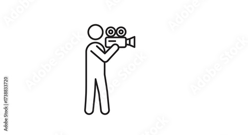Simple line drawing of a person holding and operating a vintage movie camera, filming or recording.