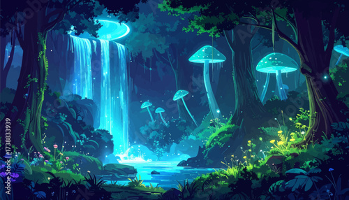 Fantasy neon mushroom glowing waterfall. Enchanted luminous fungi jungle river. Mystical glowing waterfall digital art. Blue neon mushrooms fantasy background. Magical forest luminous waterfall view
