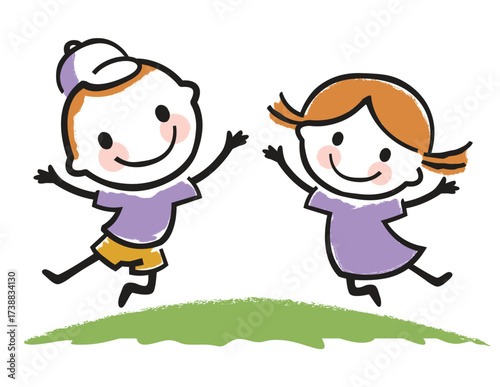 Jumping boy and girl logo with crayon mascot