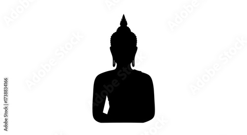 Silhouette of a seated Buddha statue with hands in lap, against a plain white background.