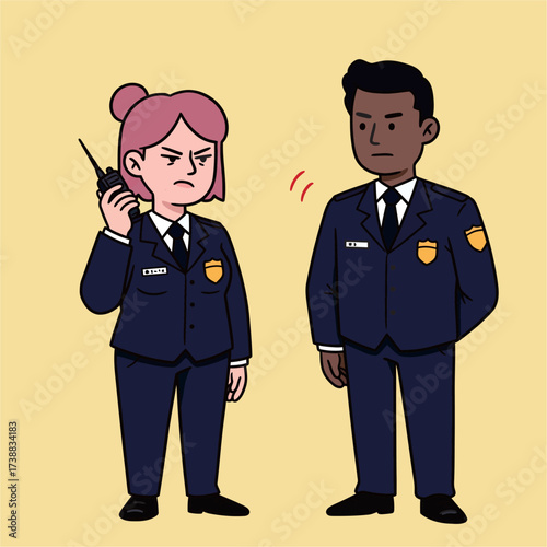 Female Security Guard on Walkie-Talkie with Annoyed Male Colleague