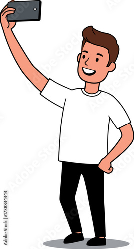 Smiling Cartoon Man Taking Selfie with Smartphone