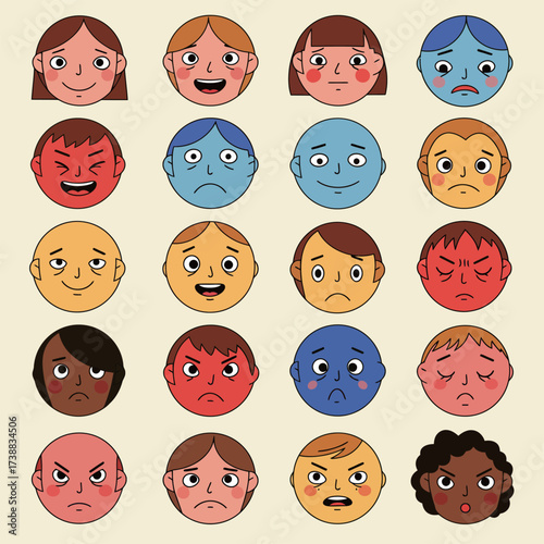 Collection of Cartoon Faces Expressing Various Emotions