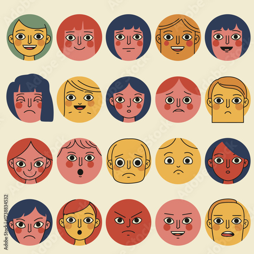 Diverse Cartoon Avatars Displaying a Full Spectrum of Human Emotions and Facial Expressions