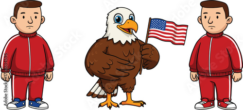Cartoon American bald eagle holding USA flag standing between two athletes in red tracksuits, patriotic sports, competition, freedom, national pride illustration