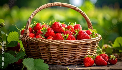 Fresh strawberries in a wicker basket outdoors