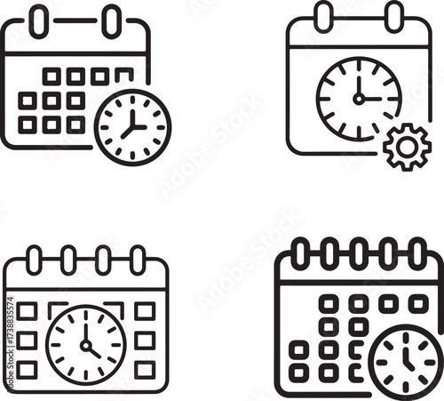 Set of four calendar and clock icons representing time management and scheduling