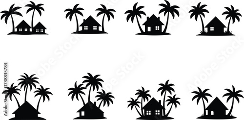 Tropical island house silhouettes with palm trees, beach cottages, exotic villas, seaside huts, vacation homes, paradise holiday houses, coastal summer landscape
