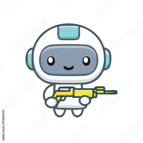A charming robot figure holding a yellow blaster in a playful pose