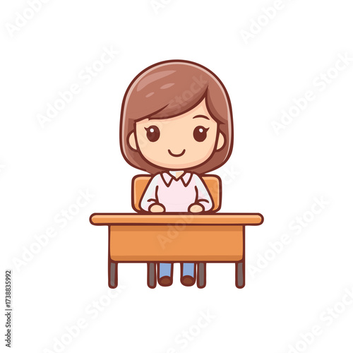 A cartoon of a woman is sitting behind her desk, looking forward with a friendly smile. This scene is perfect for a study