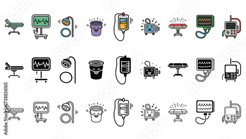 Medical Equipment Icon Set Cartoon Style of Hospital Bed IV Bag ECG Monitor Otoscope Specimen Container Infusion Pump for Healthcare Design