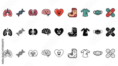 Medical Icon Set Color Silhouette and Expressive Styles of Lungs DNA Kidneys Brain Heart Mask Scrubs Bandages for Healthcare