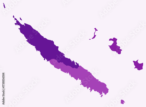 Map of New Caledonia with regions. Just a simple country border map with region division. Purple color palette. Plain New Caledonia shape with administrative division. Vector illustration.