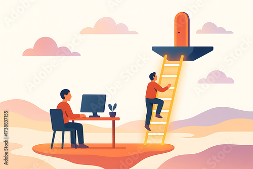 Person ladder opportunity computer desk office success motivation career growth ambition goal achievement business