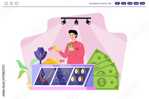 Jewelry store owner with gold cash and jewelry display