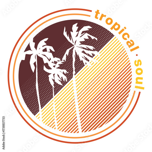 Tropical emblem illustration with vivid colors and silhouettes of coconut trees. Art reflecting a warm, tropical climate.