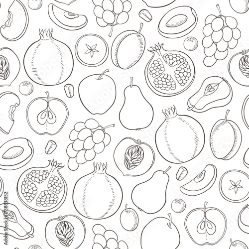 Line drawing of various fruits in a repeating pattern