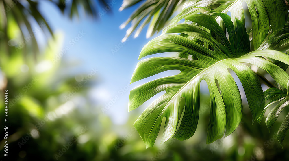 Obraz premium Lush green leaves create a vibrant tropical atmosphere, showcasing nature's beauty and serenity under soft sunlight.