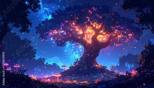 Golden fantasy oak ablaze at twilight. Fairytale grove with ember-lit canopy. Warm cosmic forest, sparkling leaves. Mythic tree glowing over quiet woods. Radiant night woodland, magical mood