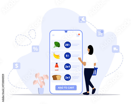 Grocery promotion concept illustration. Suitable for landing page, ui, web, App intro card, editorial, flyer, and banner.