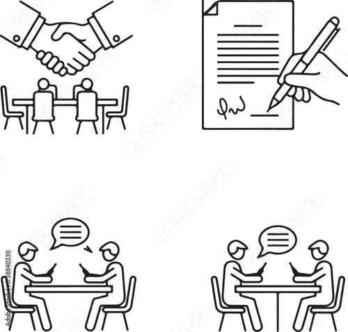 Business meeting icons handshake contract signing and conversation agreement deal
