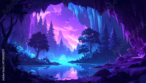 Fantasy cave glowing forest landscape. Magical twilight cave forest scene. Enchanted cave lake dreamy forest. Fantasy cave view forest panorama. Surreal glowing cave fantasy forest