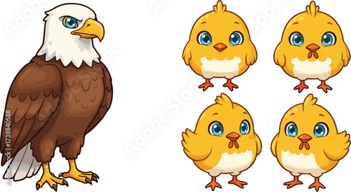 Cartoon illustration of majestic bald eagle standing proudly with four cute yellow chicks, animal character collection, wildlife vector design