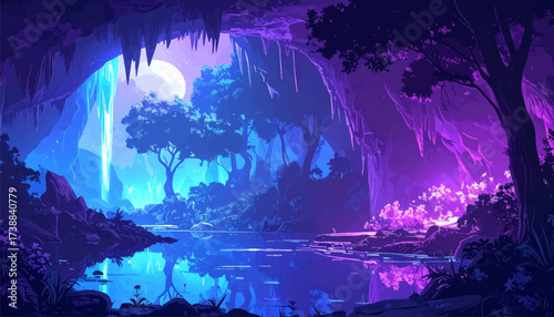 Moonlit Fantasy Cave Forest. Purple Glow Forest Artwork. Enchanted Night Cave View. Magical Blue Dream River. Moon Cave Fantasy Panorama. Surreal Night Forest Scene