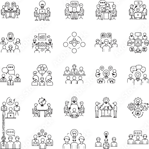 Comprehensive icon set for team meetings, collaboration, and business strategy Keywords: meeting, team