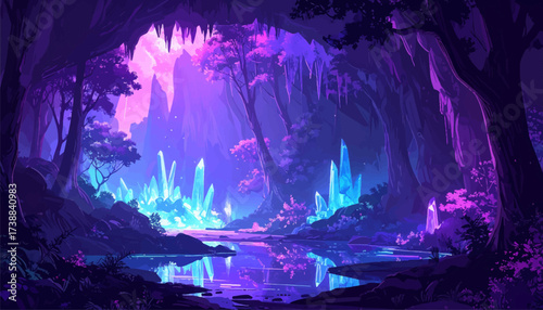 Crystal cave with glowing fantasy lights. Enchanted cavern, neon crystals and pool. Luminous geode grotto, mystical forest. Bioluminescent cave scene, tranquil. Magical crystal sanctuary underground