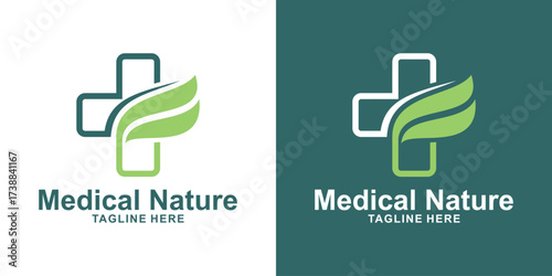 Medical Nature Logo – Green Cross with Leaf for Health and Wellness