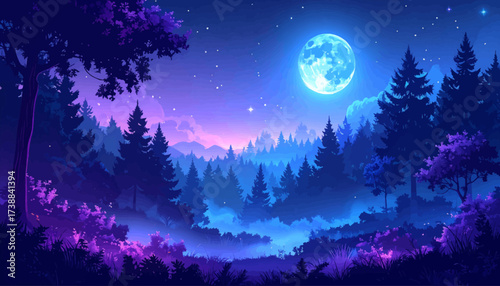 Moonrise Over Misty Pine Valley. Violet Night Hills, Shining Moon. Dreamy Alpine Forest at Dusk. Starry Valley View, Cool Twilight. Mystic Pines in Lavender Night. Serene Mountain Vista by Moonlight