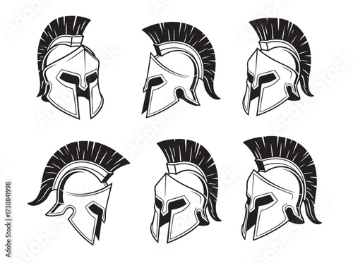 Set of classic Spartan or Corinthian warrior helmets with crests, depicted in various angles. Bold vector design.