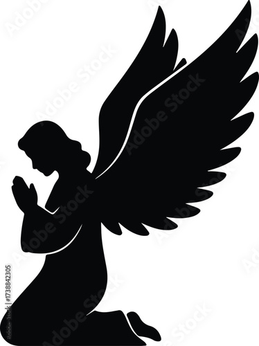 Vector silhouette angel praying on knees with wings illustration